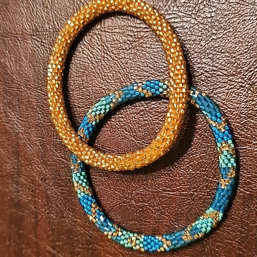Set Of 2 Lily & Laura Handcrafted Beaded Bracelets - Gold and Turquoise Jewelry - Picture 2 of 2